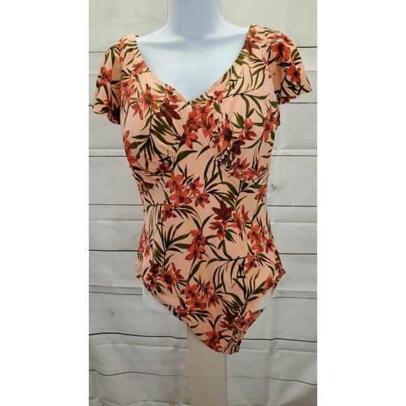 10R PEACH A392811 Denim & Co. Beach Draped Ruffle Sleece One-Piece - Picture 2 of 2